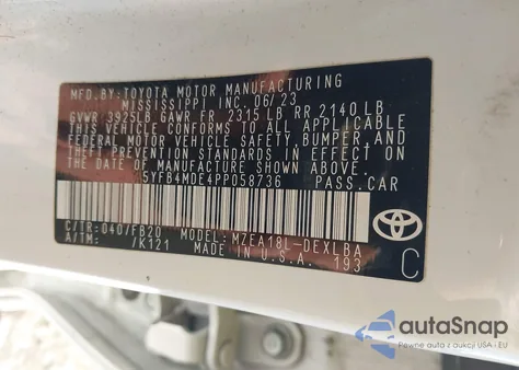 2023 Toyota Corolla Le z USA, uszkodzony, nr VIN 5YFB4MDE4PP058736